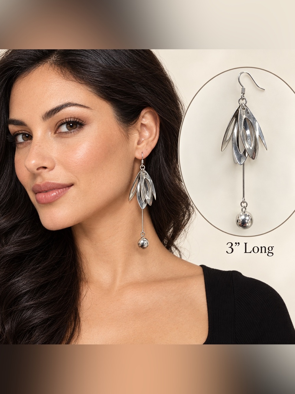 Silver Tone Abstract Layered Dangle Earrings 3” Long vintage retro boho style
